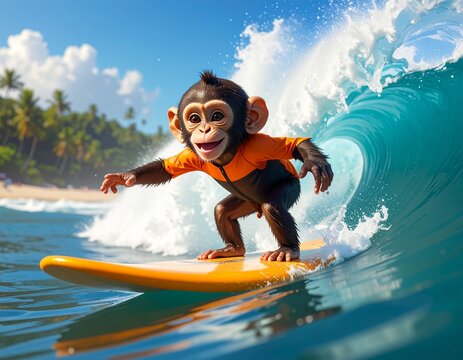 Cute baby monkey wearing orange and black wetsuit surfing on a yellow surfboard riding a big ocean wave with a big smile
