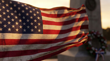 Obraz premium Memorial Day American flag waving wind motion close-up patriotic tribute remembrance greeting card poster banner social media design marketing