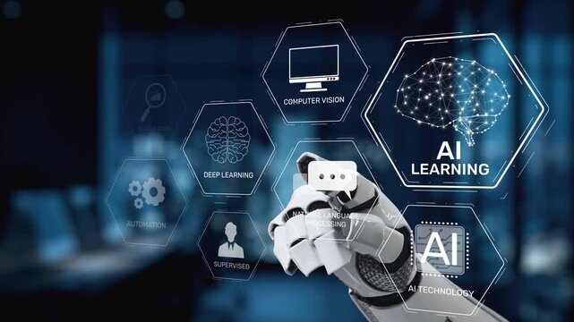 A futuristic robot hand interacts with an advanced AI learning interface, showcasing technology in a modern digital workspace that highlights automation and innovation. Synapse