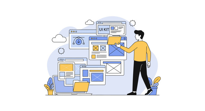 Web Design and UI UX Development Concept Illustration - Professional Organizing Digital Interface Elements and Website Wireframes