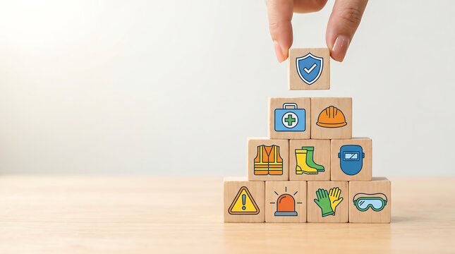 Hand stacking wooden blocks with safety equipment icons including helmet and first aid kit representing workplace safety and construction site health and safety standards and protocols