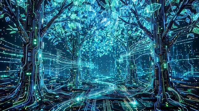 Futuristic digital forest with glowing neon circuit trees and flowing data streams representing artificial intelligence and nature integration