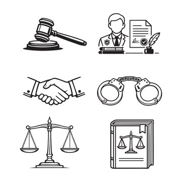 Minimalist black-and-white law and justice icons featuring gavels, scales, handcuffs, handshake, legal books, and professionals. Ideal for courtroom, legal, and enforcement design projects.