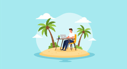 Obraz premium Digital Nomad Working on a Laptop on a Small Tropical Island Vector Illustration
