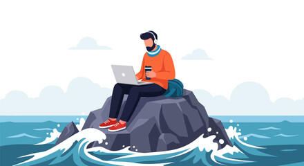 Naklejka premium Digital Nomad Concept: Freelancer Working on Laptop on an Isolated Rock in the Middle of the Sea, Remote Work and Professional Freedom Flat Vector Illustration