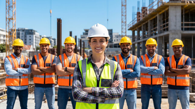 Confident female construction engineer stands with diverse team of workers on active urban building site, all wearing hard hats and safety vests while coordinating large-scale construction project