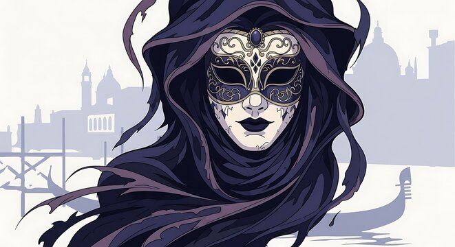 Venetian Masked Figure in Shadowy Cloak with Cityscape Backdrop.
