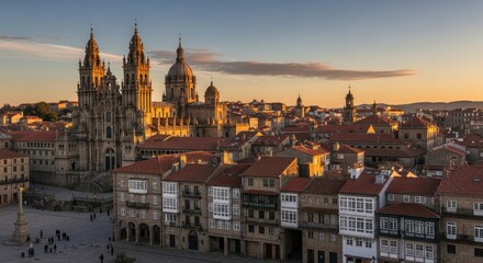 Fototapeta premium Santiago de Compostela Cathedral at Sunset - A Beautiful Cityscape.