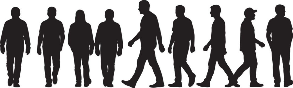Group of diverse people silhouettes walking in a row isolated on a white background representing a crowd of pedestrians or commuters moving together in a city environment with silhouette