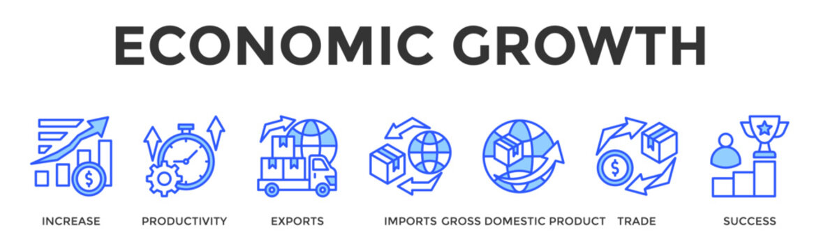 Economic Growth  Banner Web  Icon Set Collection Pack Vector Illustration Concept Containing Increase, Productivity, Exports, Imports, Gross Domestic Product, Trade, Success