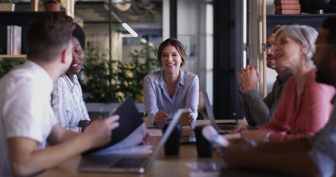 Management meeting, happy woman and business people collaboration, teamwork and planning fundraising project. Leadership, group cooperation and professional employees consulting on company funding