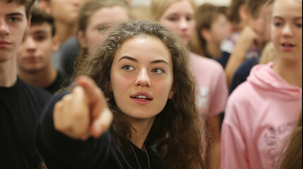 Obraz premium Young female student pointing finger in a crowd of teenagers, high school education concept.