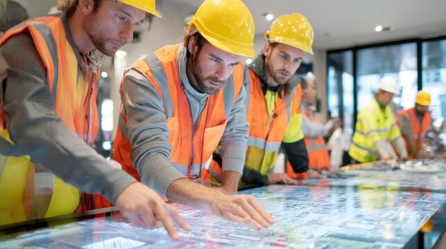 Construction workers in safety vests and hard hats examine a large interactive touchscreen display.