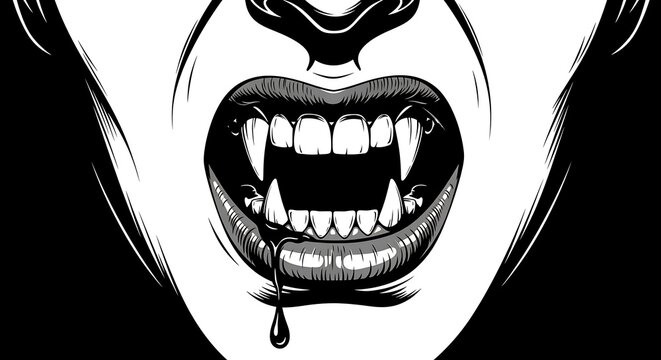 Vampire Fangs - A Striking Black and White Illustration of Horror.
