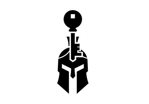 Minimalist spartan warrior helmet and key logo design