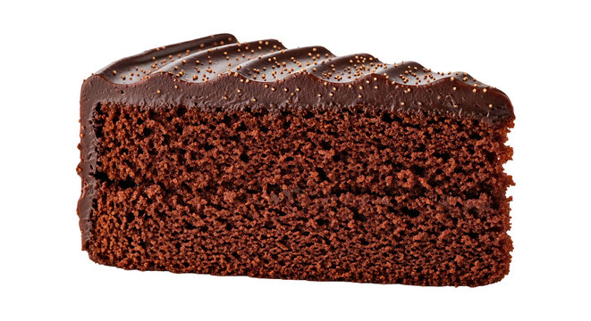 A delicious slice of rich, dark chocolate cake with a glossy chocolate ganache frosting.
