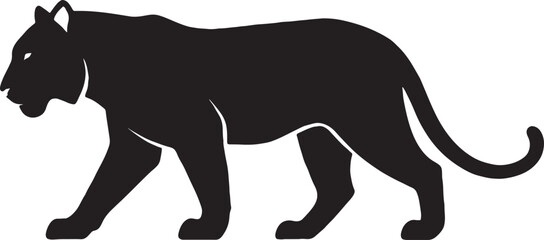 Fototapeta premium Black silhouette of a powerful panther or cougar walking in side profile view isolated on white background with silhouette wildlife predator carnivore stalking isolated illustration