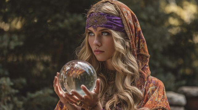 Beautiful young fortune teller woman holding a crystal ball outdoors, mystical fantasy portrait concept.