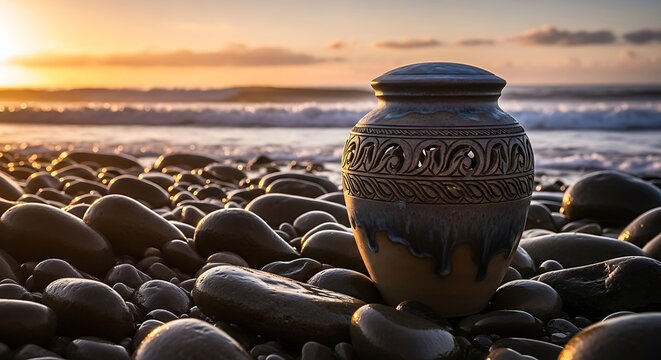 Urn on Pebble Beach at Sunset - A Memorial Scene.