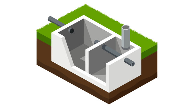 An isometric cutaway reveals an underground, two-chambered concrete septic tank system buried beneath green grass featuring distinct grey inlet and outlet pipes alongside a vertical ventilation shaft