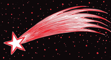 Hand-drawn shooting star with a vibrant red t.ail in the dark cosmic sky. © jack