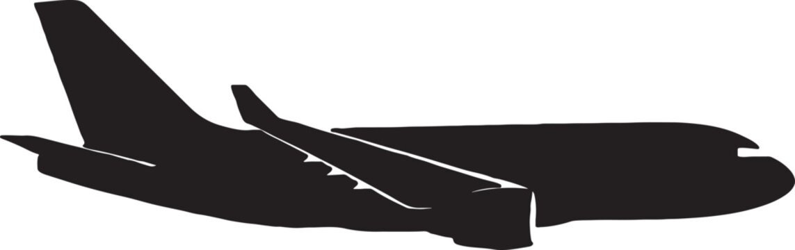 Silhouette side view of a commercial passenger airplane flying representing aviation industry and international travel with airplane aircraft silhouette aviation transport transportatio