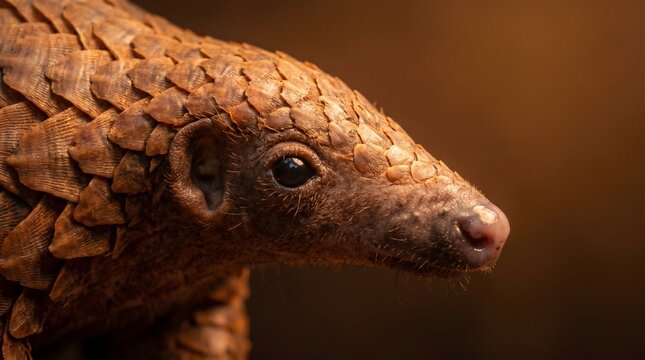 Close up portrait of a pangolin showing unique keratin scales and eye on a warm background