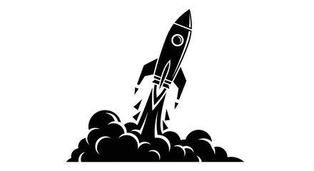 Rocket ship launching with smoke clouds black and white vector icon. © jack