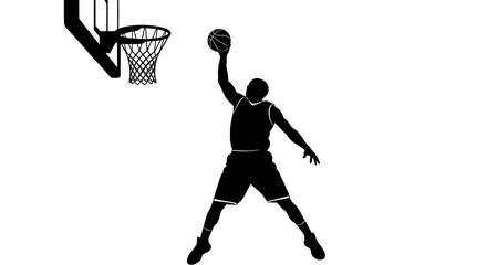 Silhouette of a basketball player jumping for a slam dunk isolated on white © jack