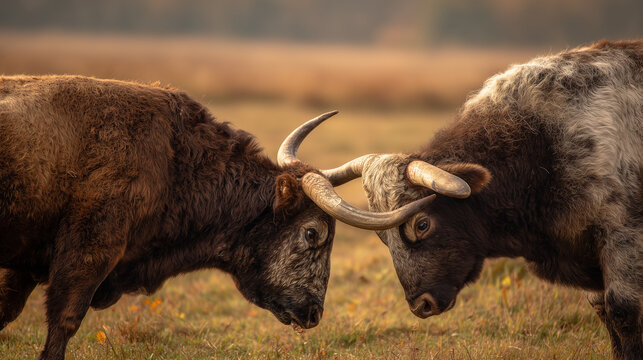 Two powerful longhorn bulls clashing horns in a golden field, dramatic livestock wildlife concept.