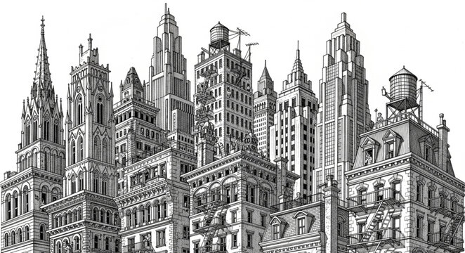 Vintage Architectural Drawing of a Dense City Skyline.