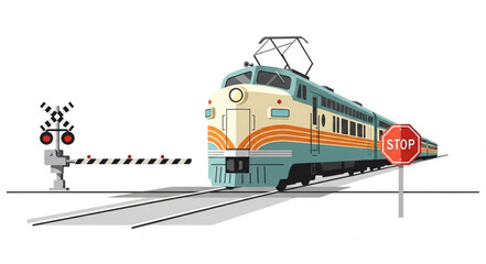 Vintage Electric Train Approaching Railroad Crossing with Stop Sign. © Mbeji