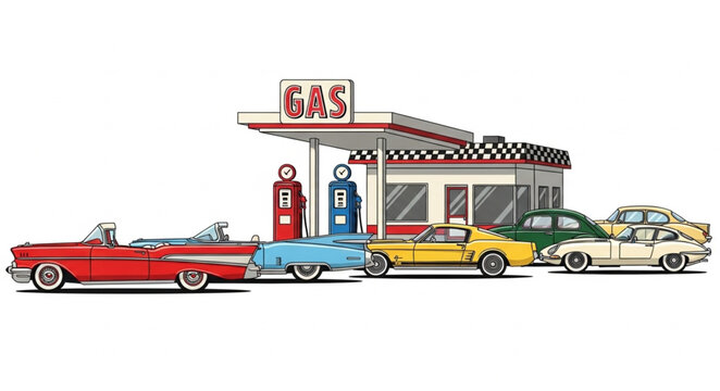 Vintage Cars Lined Up At Retro Gas Station.