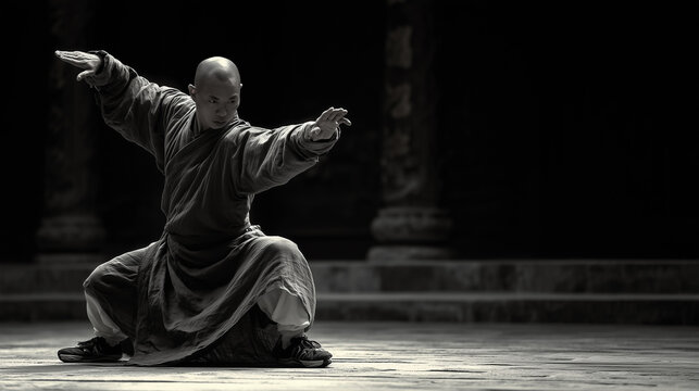 Monochrome portrait of a Shaolin monk in a low dynamic kung fu stance inside an ancient temple courtyard.