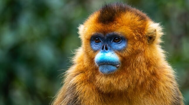 Golden Snub-nosed Monkey portrait with striking blue face and golden fur