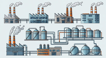 Fototapeta premium Industrial factory complex with smoking chimneys and pipelines.
