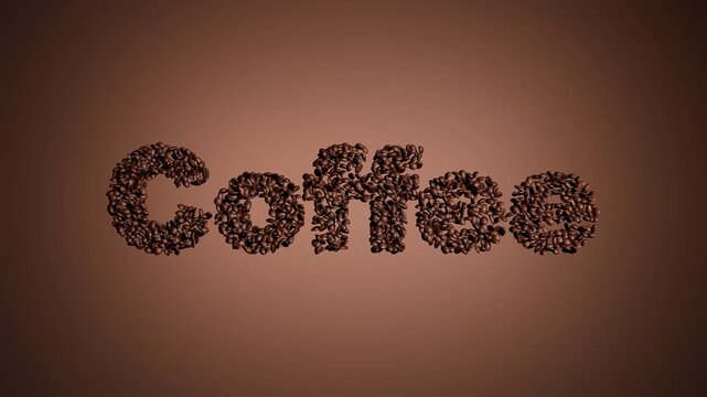 A cinematic 3D Blender animation featuring coffee beans floating in space with a macro camera view. The beans gradually arrange themselves to form the word &ldquo;coffee,&rdquo; creating a modern visual.