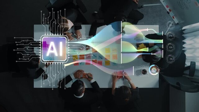 This image represents a modern workplace scene showcasing diverse professionals engaged in collaborative efforts, utilizing advanced AI technology for data-driven decision making. Raster