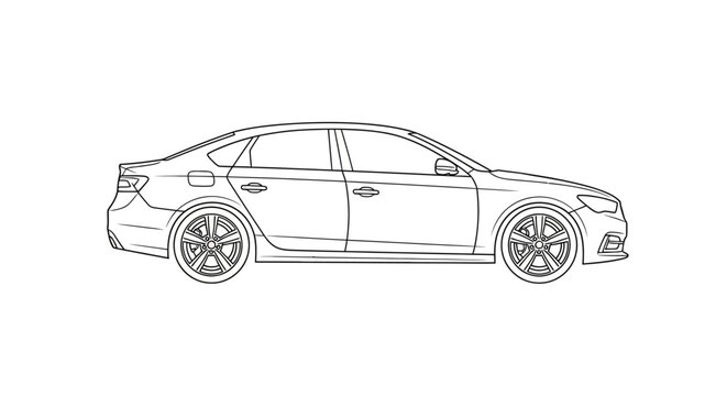 A sleek four-door sedan with alloy wheels and tinted windows is illustrated in profile view on a clean background.