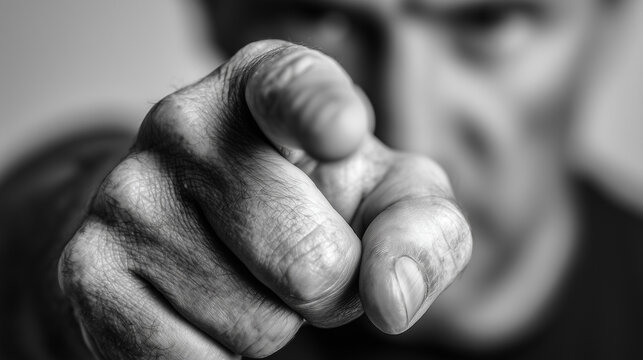 Black and white close-up of an angry man pointing his finger at the camera, accusation and blame concept.