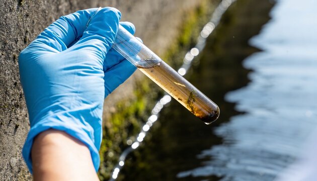 A gloved hand holds a test tube containing a murky water sample with algae, next to a body of water.