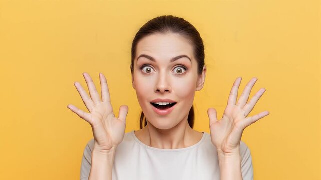 Surprised Woman with Open Mouth and Raised Hands Against Yellow Background.
