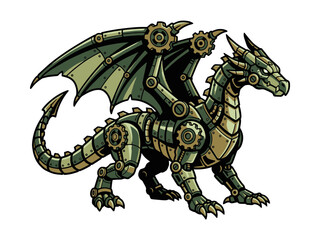 Fototapeta premium A detailed vector graphic of a mechanical dragon designed in a steampunk aesthetic featuring intricate gears, brass plates, and metallic armor.