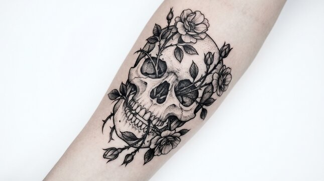 Detailed blackwork skull and roses tattoo on a person's forearm showcasing intricate dotwork and dark aesthetic art.