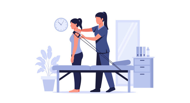 Physical Therapy Session: Female Physiotherapist Assisting Patient with Rehabilitation Exercise and Posture Correction in Clinic Vector Illustration