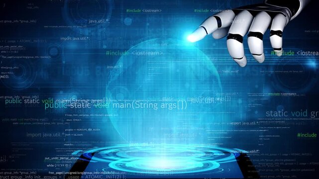 A futuristic robot hand interacts with a digital data stream, symbolizing innovation in technology and programming within a cyber environment, emphasizing automation. Xenic