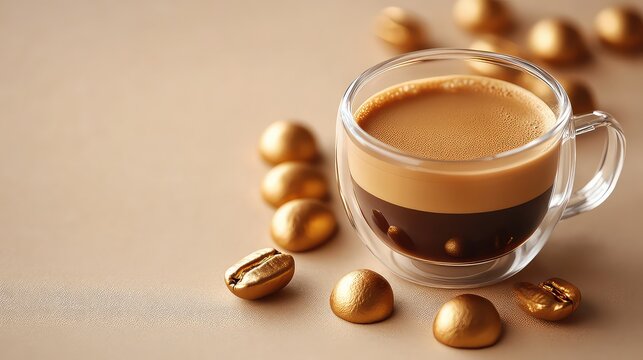 Golden coffee capsules and glass cup with coffee drink on beige background