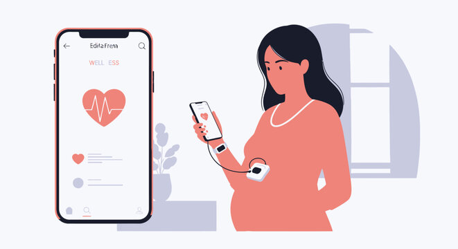 Pregnant Woman Using Digital Health App and Fetal Heart Monitor Wearable Device Illustration