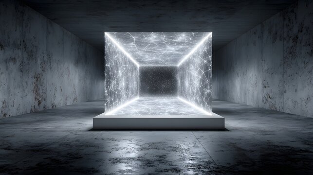 Glowing digital cube inside a concrete room with perspective lines. Virtual reality portal or futuristic technology display room.