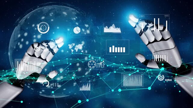 Futuristic robotic hands showcase interaction with data visualizations, signifying advanced technology and digital innovation in a globally connected environment. Xenic